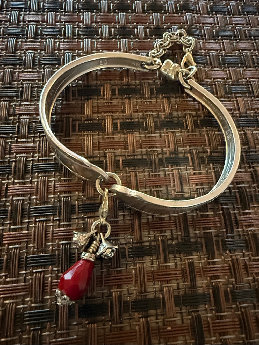 Hand Crafted Silver spoon Bracelet with Red Teardrop Charm